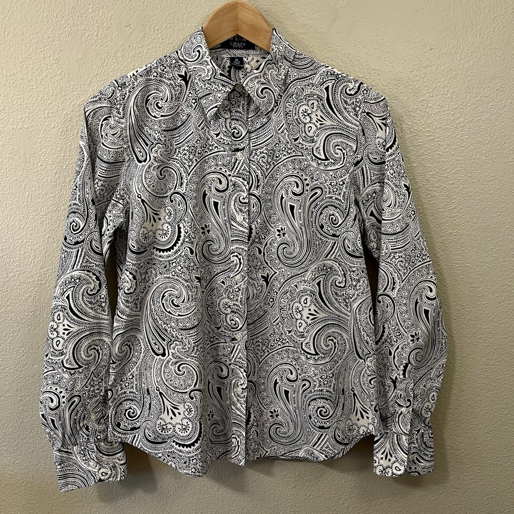 Chaps Women's Button‎ Up Shirt Ivory Black Paisley Artsy Boho Western Size M